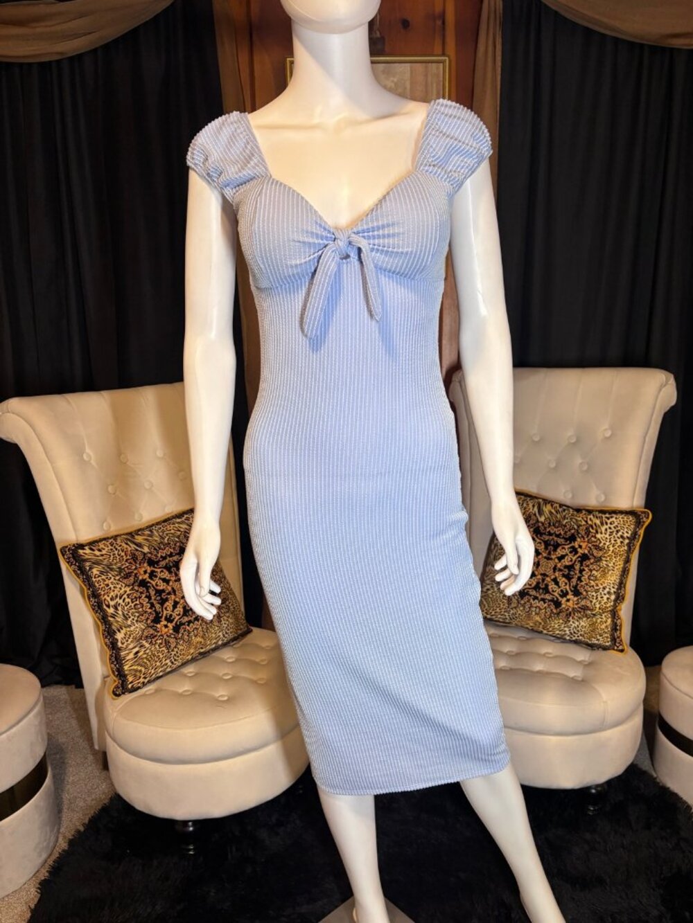 No Boundaries Juniors S 3-5 Light Blue Ribbed Tie Front Midi Bodycon Dress NWOT